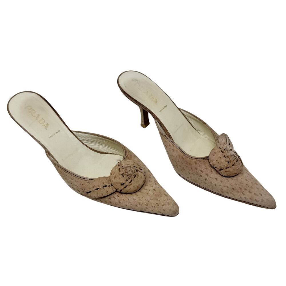 Prada Vintage Y2K Ostrich Print Rosette Pointed Toe Mules Heels Shoes IT 37 US 7
